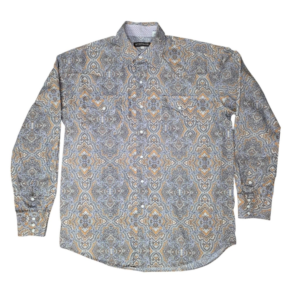 Stetson Mens Large Paisley Pearl Snap Western Shirt Cowboy Rodeo Gray